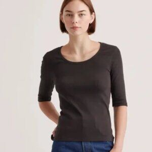 Quince Organic Cotton Micro Rib Elbow Sleeve Tee in Black